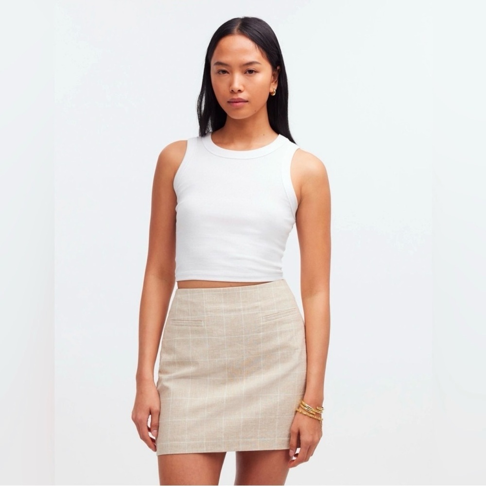 Madewell Linen Cotton Blend Welt-Pocket Mini Skirt Sesame Beige Plaid 12 NQ810